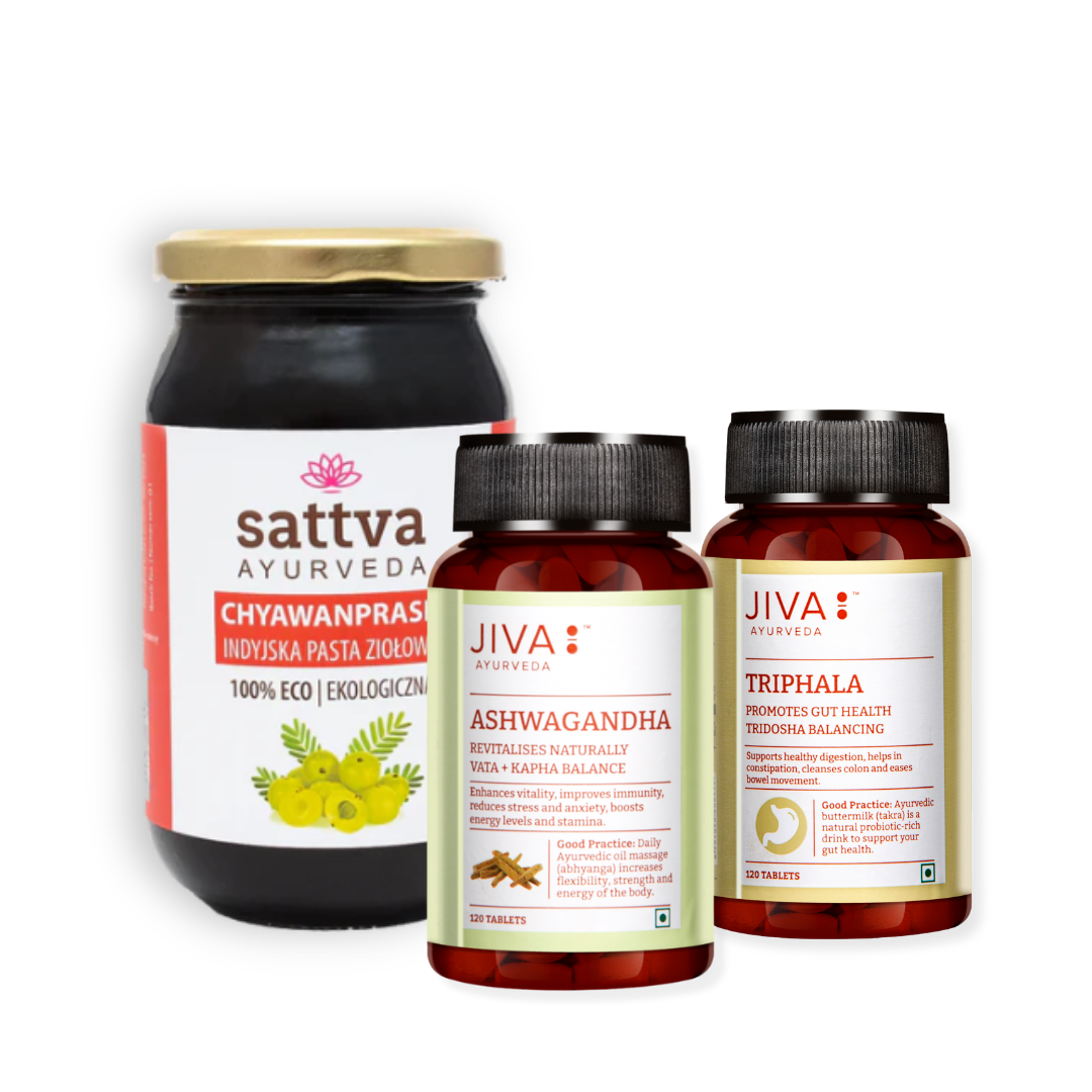 Pierwsze Kroki w Ajurwedzie ASHWAGANDHA TRIPHALA JIVA SATTVA CHYAWANPRASH